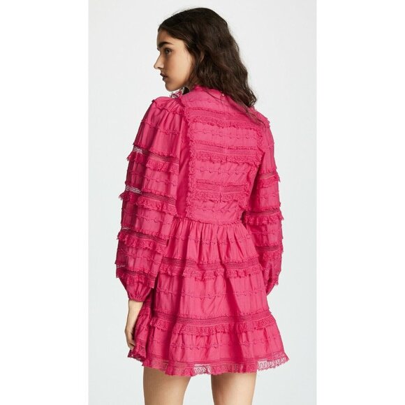 ULLA JOHNSON Amour Fuchsia Pink Cotton Lace Ruffle Balloon Sleeve Dress, Size 6 - Picture 3 of 16